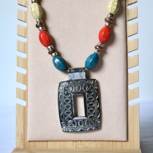 Statement Necklace Turquoise Silver Tone Metal Pendant Teal Orange Tribal Boho - Picture 3 of 9